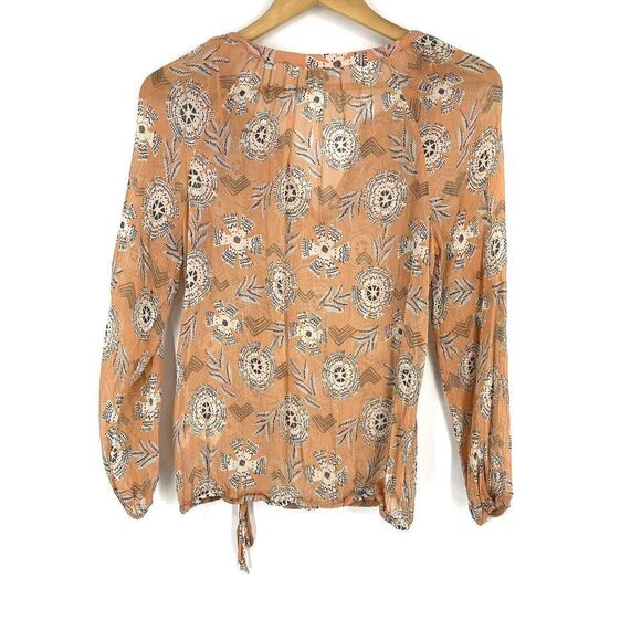 Lucky Brand Top Size Small Women Coral Silk Riviera Floral Print Peasant Sheer - Picture 5 of 8